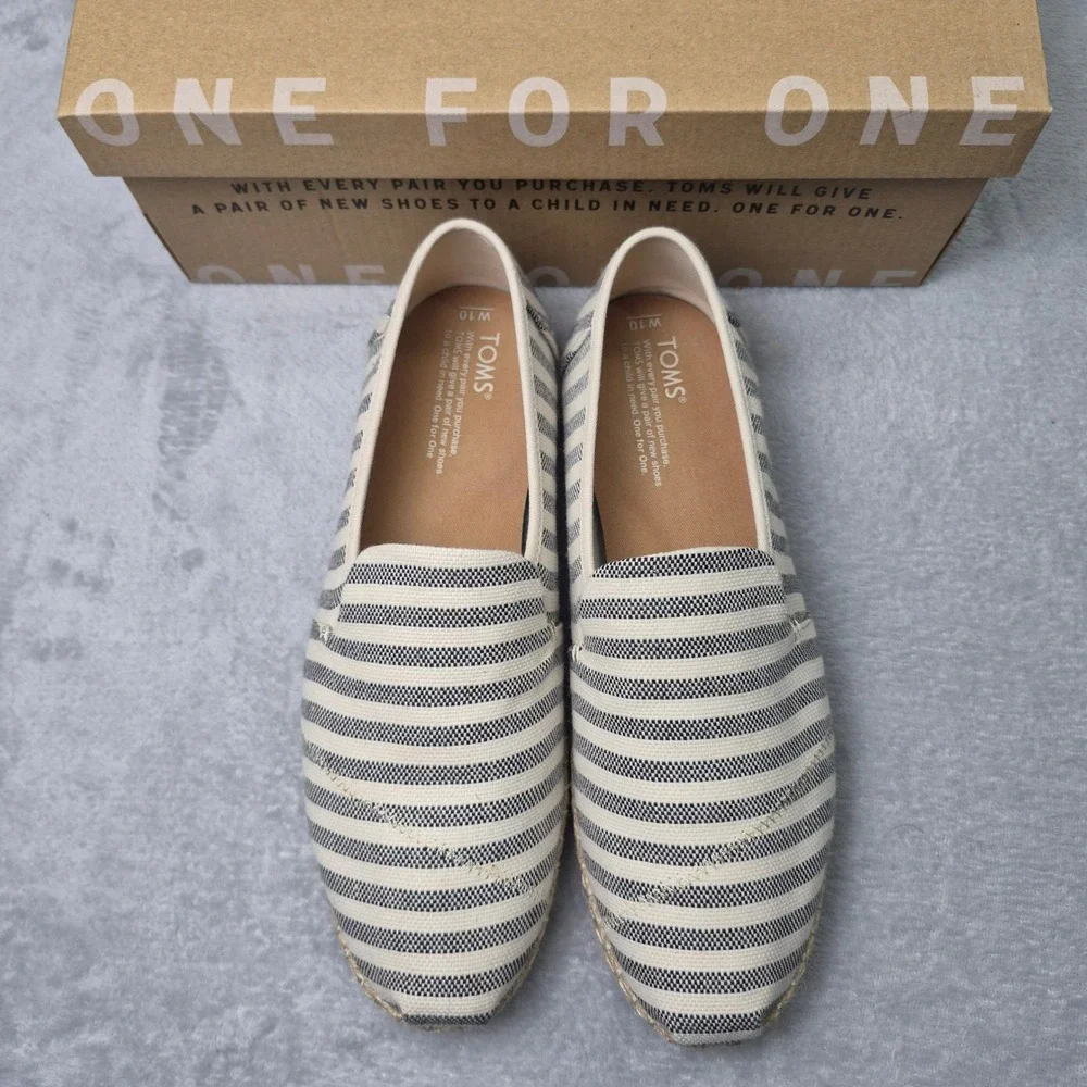 TOMS Alpargata Espadrille Black White Striped Canvas Slip On Shoes Women 10